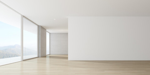 Modern empty room with wooden floor and large window on mountain background. 3d render.	

