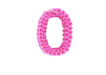 The number zero is made of pink flowers on a white background. Spring concept Floral letters of the alphabet for wedding design or flower festival