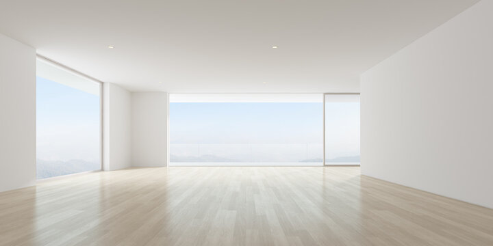 Modern empty room with wooden floor and large window on mountain background. 3d render.	
