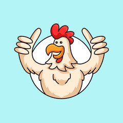 okay strong rooster simple outline vector illustration. Male chicken with with thumb up gesture character mascot design