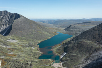 Mountain landscape, lake and mountain range, large panorama, Subpolar Urals. The concept of outdoor...