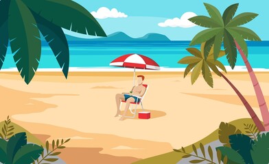 Man on summer vacation on deserted and paradise beach, having beer