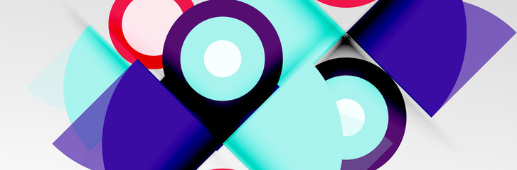Bright color circles, abstract round shapes and triangles composition with shadow effects. Vector modern geometric design template