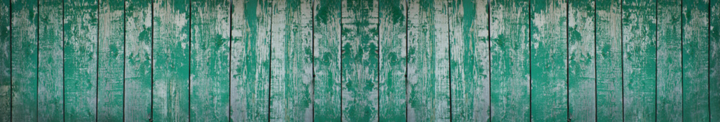 Fototapeta na wymiar Old painted wood planks background. Long banner with green shabby planks texture. Vintage wood background.