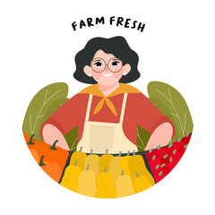 Farmer's Market flat design vector illustration. Support local farmers concept. Eat Local organic production. farmer standing at counter of greengrocer's shop or marketplace selling fruits vegetables