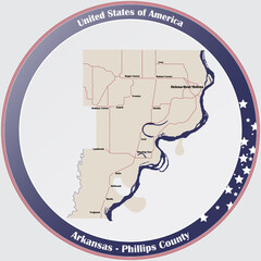 Round button with detailed map of Phillips County in Arkansas, USA.