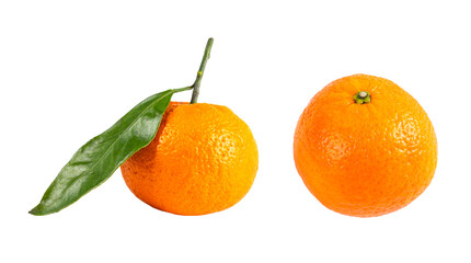 Fototapeta na wymiar Mandarin with green branch isolated on white background. Juicy and fresh mandarine isolated over white with copy space and clipping path