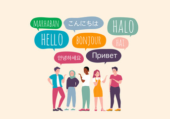 Different Language Speech Bubble Hello Concept. Hello in different languages. Diverse cultures, international communication. Native speakers, friendly man and woman cartoon characters illustration © Mussbila