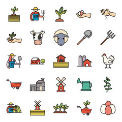 Farm line and fill style icon set vector design