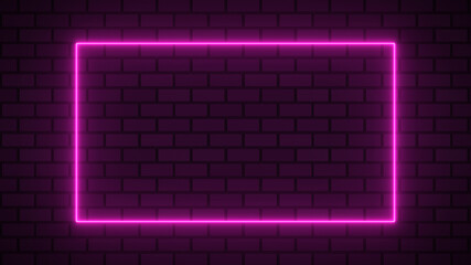Empty frame with electric power round border glowing, pink color neon lightning sign on brick wall background. Blank rectangle neon light, electric power around frame lights. Empty background