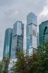 skyscrapers Moscow City in summer framed by tree branches