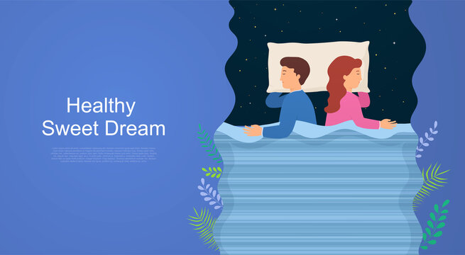 Rules of healthy sleep and causes insomnia. Man sleeping on side in bed. Concept and recommendations for good sleep.