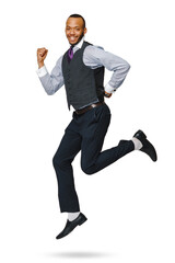 happy young african businessman jumping high isolated on white background