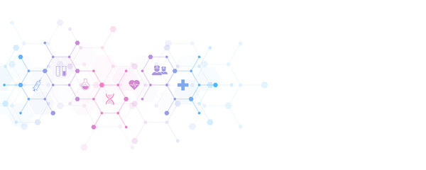 Abstract medical background with flat icons and symbols. Template design with concept and idea for healthcare technology, innovation medicine, health, science and research.