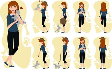 Pretty young woman constructor in flat style with dogs. Vector cartoon girl character