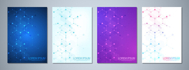 Set of template brochure or cover book, page layout, flyer design with molecular structures background and chemical engineering. Concept and idea for innovation technology and science.