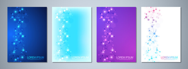 Set of template brochures or cover design, book, flyer, with molecules background and neural network. Abstract geometric background of connected lines and dots. Science and technology concept.