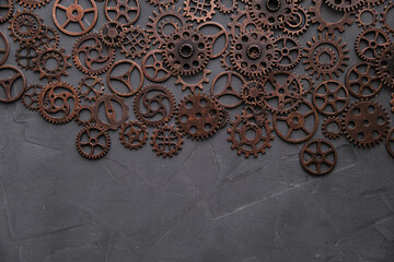 Lots of concrete-based gears.Background, gears and steampunk.