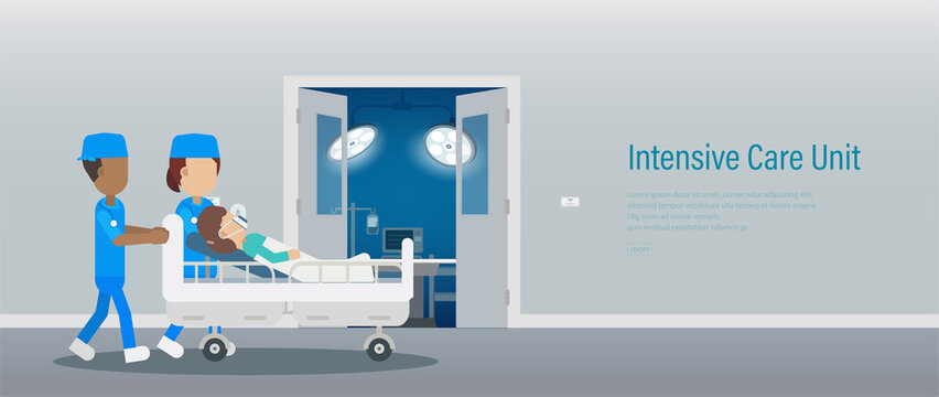 Intensive care unit banner with surgeon team and patient in bed flat design vector illustration