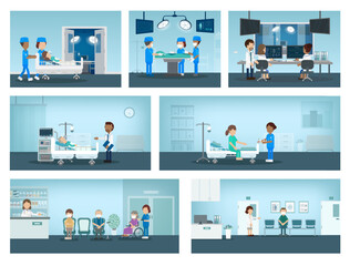 Set of surgery processes with surgeons and patient in room flat design vector illustration