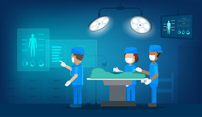 Surgeon team in surgery room with graphic display flat design vector illustration