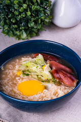ramen with egg yolk and Japanese hotdog
