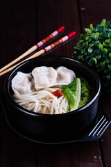 pork, shrimp, chicken or vegetable dumpling rice noodle soup