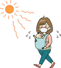 炎天下マスクをして外出するお母さんと泣き出す赤ちゃん（熱中症の危険）
