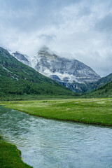 The meadows under snow mountains in Yading, Sichuan Province, during summer time, on cloudy day.