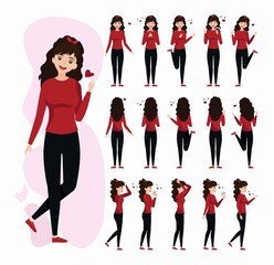  Vector cartoon girl character. Pretty young woman constructor in flat style with red t-shirt.
