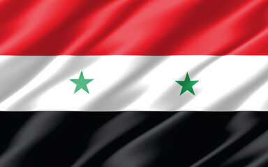 Silk wavy flag of Syria graphic. Wavy Syrian flag 3D illustration. Rippled Syria country flag is a symbol of freedom, patriotism and independence.