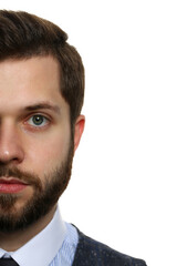 Fototapeta premium Handsome smiling adult bearded brunette caucasian person look in camera headshot isolated over white background