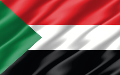 Obraz premium Silk wavy flag of Sudan graphic. Wavy Sudanese flag 3D illustration. Rippled Sudan country flag is a symbol of freedom, patriotism and independence.