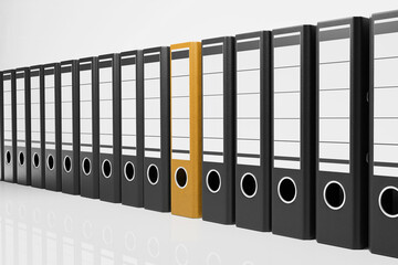 large row of black office folders with one golden binder, conceptual archive 3D Illustration