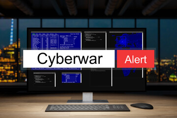 computer workstation in dark night office with skyline view warning cyber war, 3D Illustration