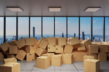 large industrial urban warehouse with large pile of cardboard moving boxes in front of Skyline, conceptual 3D Illustration - obrazy, fototapety, plakaty