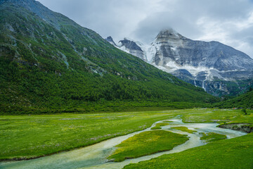 The snow mountain and meadows in Yading, on summer time, during a cloudy day, in Sichuan Province, China.