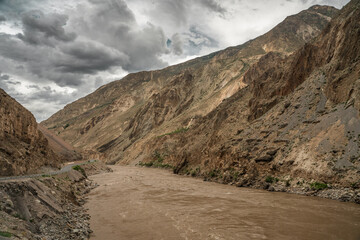 Salween river, also known as Nujiang River in China, shot in a valley in Tibet, China.
