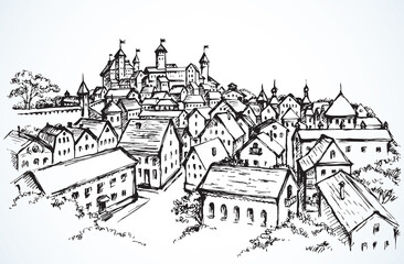 Castle in the old town. Vector drawing