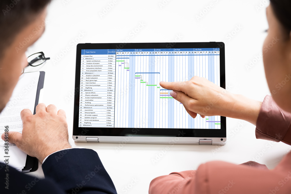 Poster convertible laptop with gantt software chart
