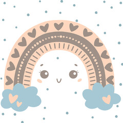 Flat illustration of cute cartoon rainbow with eyes in colored doodle style. Weather illustration.