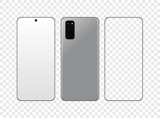 Realistic phone screen smartphone. Mock up of modern quad camera smartphone. Stock vector illustration on transparent isolated background.