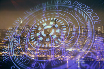Data theme hologram drawing on city view with skyscrapers background multi exposure. Ai concept.