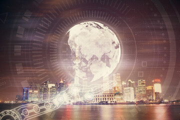 Map and data theme hologram on city view with skyscrapers background double exposure. International technology in business concept.