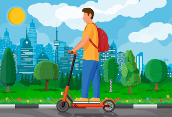 Young man on kick scooter. Guy with backpack rolling on electric scooter. Hipster character uses modern urban transport. Ecological, convenient city transportation. Cartoon flat vector illustration