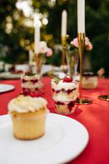 Table setting, tea party with fresh cake, nobody