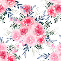 Floral seamless pattern with watercolor style english pink roses blooming garden flowers foliage leaf Background with bouquets