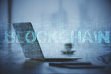 Double exposure of blockchain and crypto economy theme hologram and table with computer background. Concept of bitcoin cryptocurrency.