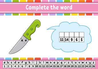 Complete the words. Cipher code. Learning vocabulary and numbers. Education worksheet. Activity page for study English. Isolated vector illustration. Cartoon character.