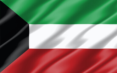 Naklejka premium Silk wavy flag of Kuwait graphic. Wavy Kuwaiti flag 3D illustration. Rippled Kuwait country flag is a symbol of freedom, patriotism and independence.